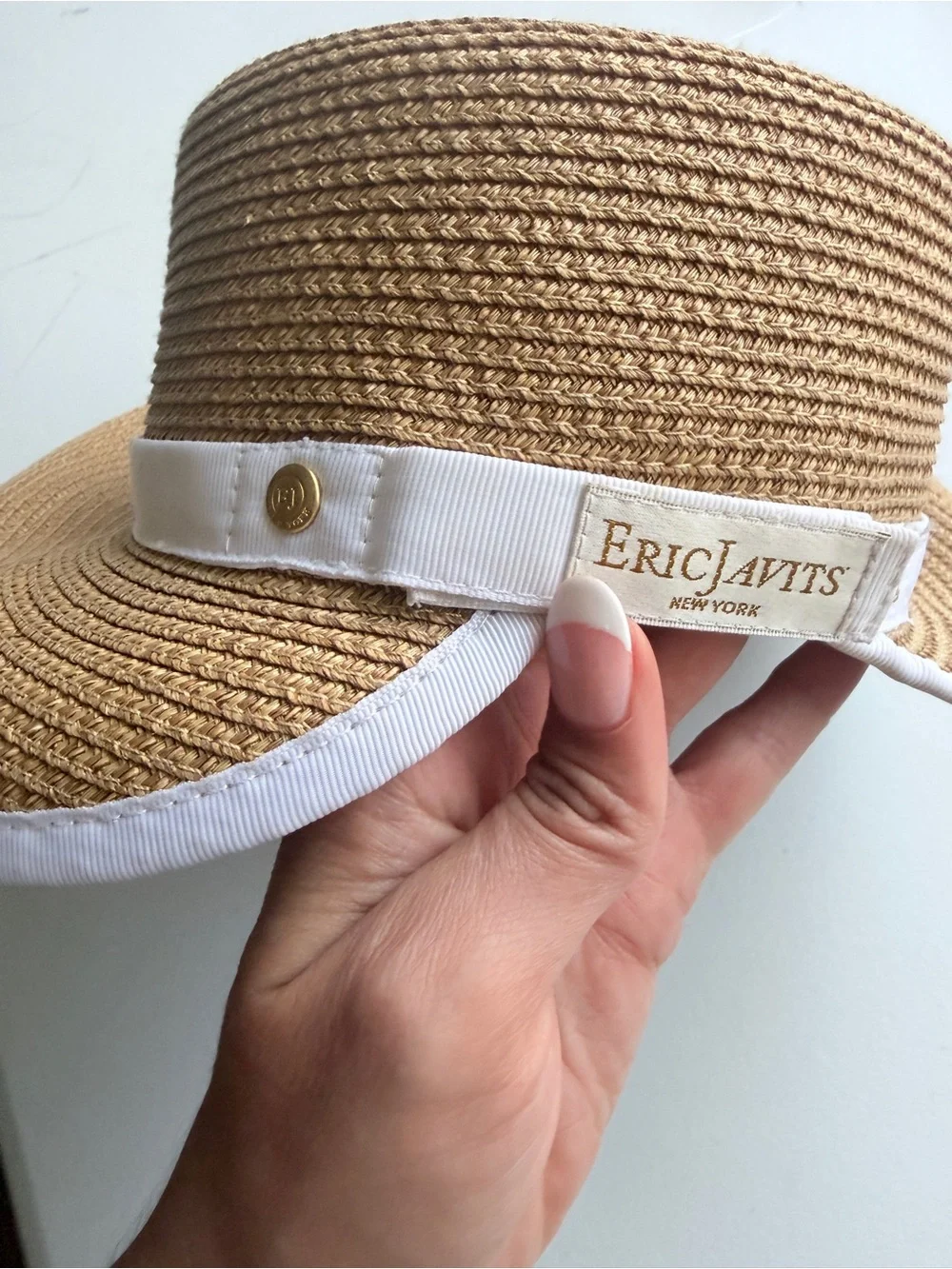 Eric Javits Straw Hat UPF 50+ Packable Sun Hat Tan White Trim Designer Summer - Picture 5 of 9